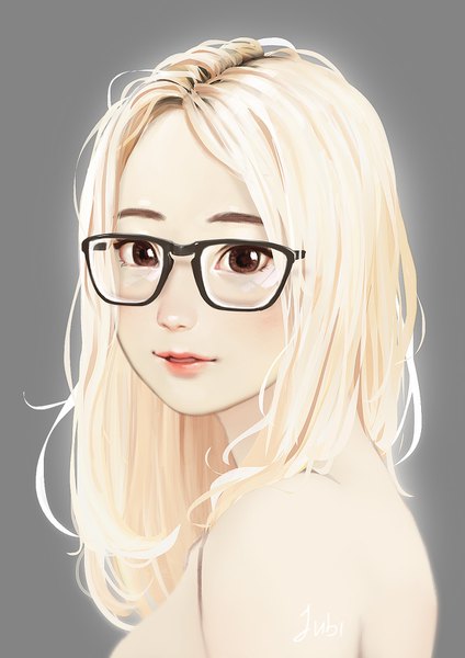 Anime picture 1191x1684 with original mio (jubi) jubi (regiana) single long hair tall image looking at viewer simple background blonde hair bare shoulders brown eyes signed parted lips looking back lips realistic grey background lipstick portrait girl