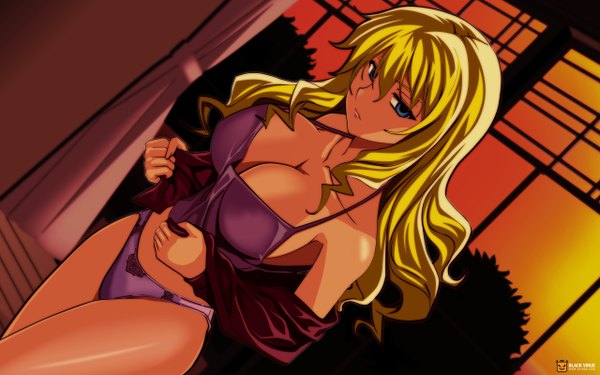 Anime picture 2560x1600 with freezing satellizer el bridget single long hair highres breasts blue eyes light erotic blonde hair wide image large breasts cleavage underwear only evening sunset girl underwear panties window