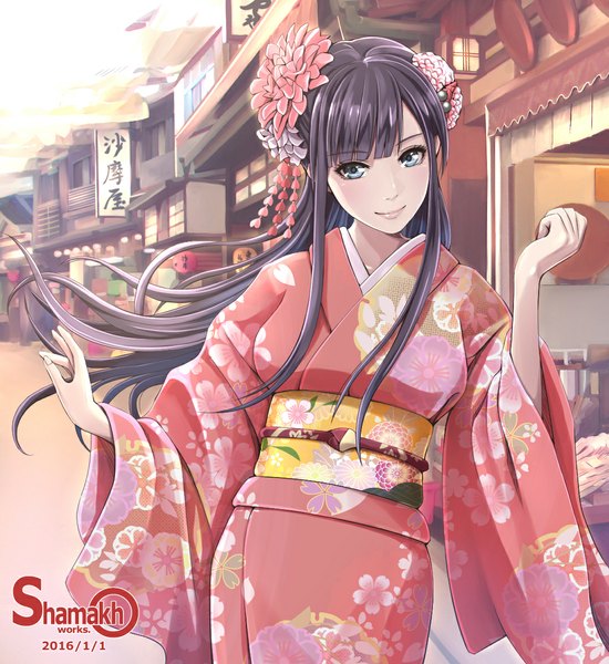 Anime picture 1075x1172 with original shamakho single long hair tall image looking at viewer blue eyes black hair traditional clothes japanese clothes hair flower new year girl hair ornament flower (flowers) kimono obi kanzashi