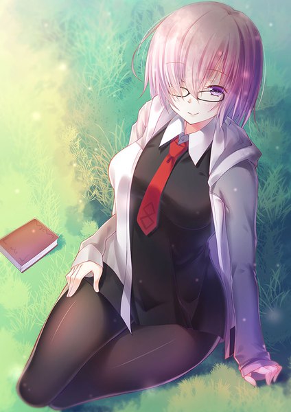 Anime picture 764x1080 with fate (series) fate/grand order mash kyrielight zha yu bu dong hua single tall image looking at viewer fringe short hair purple eyes purple hair light smile hair over one eye girl plant (plants) pantyhose glasses necktie book (books) grass