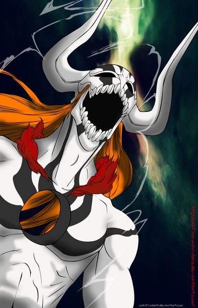 Anime picture 1293x2000 with bleach studio pierrot kurosaki ichigo long hair tall image open mouth horn (horns) orange hair screaming hollow hole monster