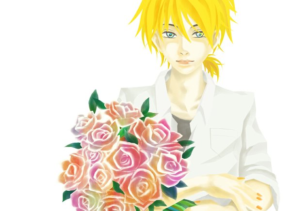 Anime picture 1100x800 with vocaloid kagamine len mitsu (artist) blue eyes blonde hair white background ponytail nail polish partially open clothes boy flower (flowers) shirt bouquet