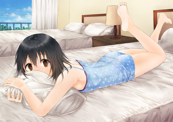 Anime picture 1200x847 with idolmaster idolmaster cinderella girls kohinata miho kenshin single looking at viewer short hair black hair brown eyes lying barefoot legs on stomach girl pillow bed