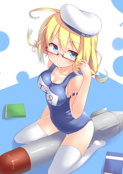 Anime picture 2893x4092 with kantai collection i-8 submarine spirytus tarou long hair tall image looking at viewer blush highres blue eyes light erotic blonde hair girl thighhighs swimsuit white thighhighs glasses beret one-piece swimsuit school swimsuit