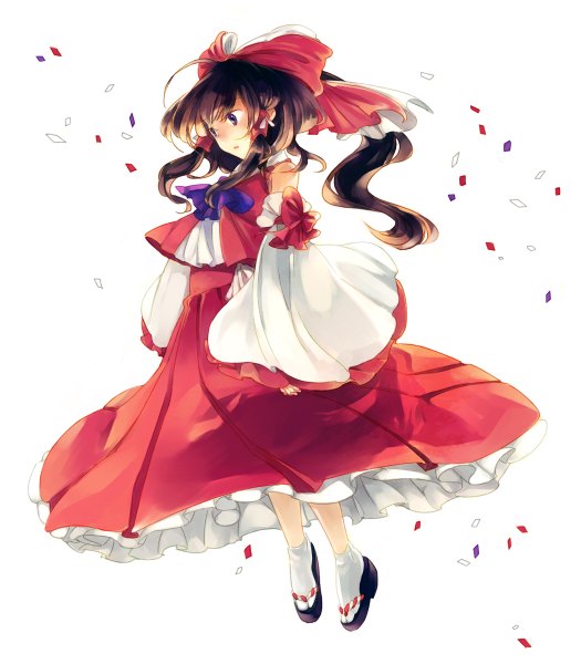 Anime picture 1050x1200 with touhou hakurei reimu nakatani single long hair tall image simple background brown hair white background purple eyes bare shoulders miko girl bow hair bow detached sleeves socks white socks