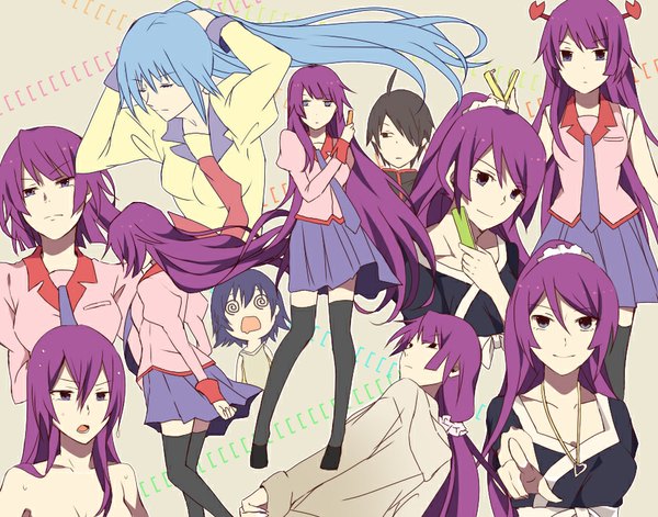 Anime picture 913x717 with bakemonogatari shaft (studio) monogatari (series) senjougahara hitagi araragi koyomi kanbaru suruga kurosawa kazuto long hair looking at viewer fringe short hair breasts open mouth blue eyes hair between eyes standing purple eyes bare shoulders multiple girls blue hair