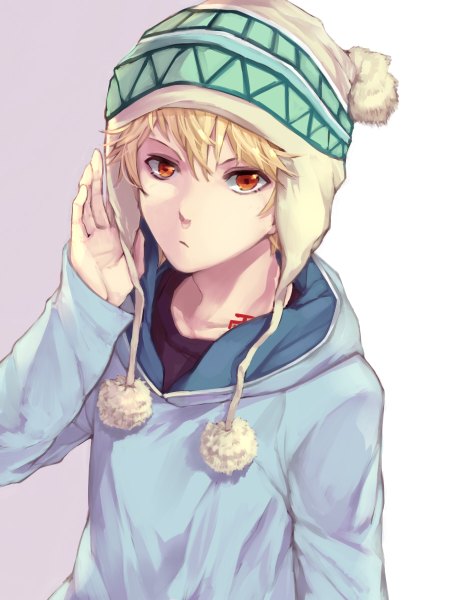 Anime picture 900x1200 with noragami studio bones yukine (noragami) csyday single tall image looking at viewer fringe blonde hair from above orange eyes boy hood cap