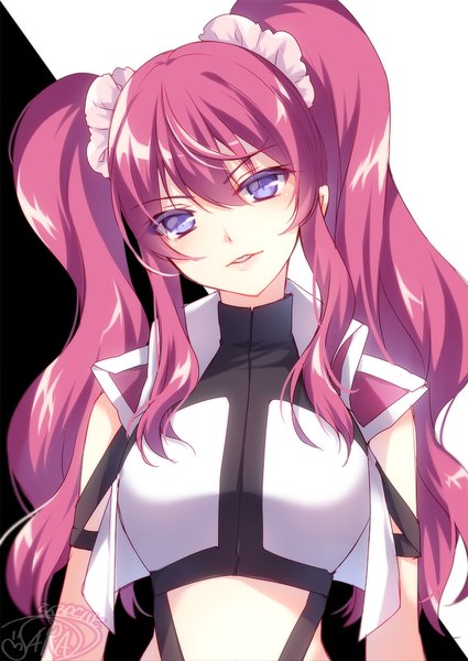 Anime picture 700x989 with cross ange sunrise (studio) hilda (cross ange) mikazuki sara single long hair tall image looking at viewer fringe open mouth simple background hair between eyes purple eyes twintails signed payot pink hair upper body parted lips head tilt