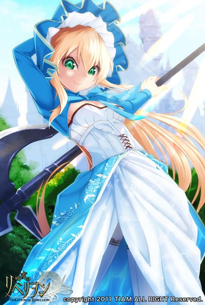Anime picture 1000x1484 with violation of rebellion (game) rebellion single long hair tall image looking at viewer fringe blonde hair smile standing holding green eyes sunlight arm behind head sunbeam girl dress weapon hat castle