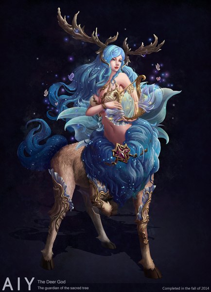 Anime picture 1181x1631 with original aiy single long hair tall image simple background bare shoulders signed blue hair horn (horns) lips grey eyes black background reindeer girl girl navel fur insect butterfly musical instrument