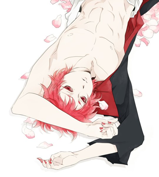 Anime picture 1000x1111 with naruto studio pierrot naruto (series) sasori tall image short hair light erotic red eyes white background red hair lying akatsuki flower (flowers) petals