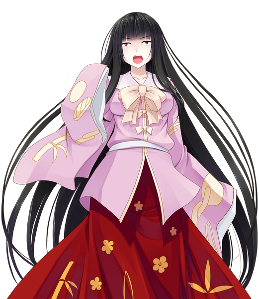 Anime picture 1365x1570 with touhou houraisan kaguya crote single long hair tall image open mouth black hair red eyes long sleeves transparent background girl dress