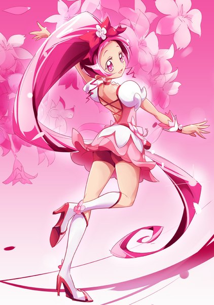 Anime picture 640x909 with precure heartcatch precure! toei animation hanasaki tsubomi cure blossom mousoup single tall image pink hair bent knee (knees) ponytail very long hair pink eyes looking back shadow puffy sleeves spread arms pink background magical girl floral background