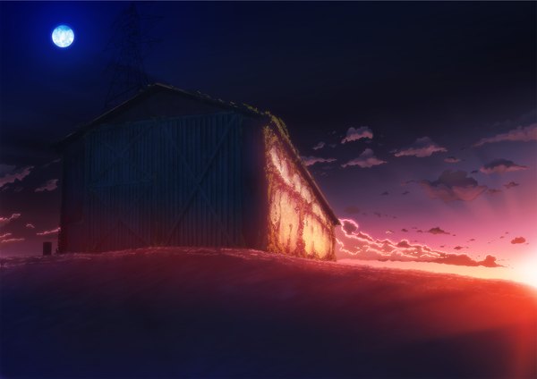 Anime picture 2047x1447 with original kiyomin highres cloud (clouds) evening sunset landscape plant (plants) building (buildings) moon grass full moon