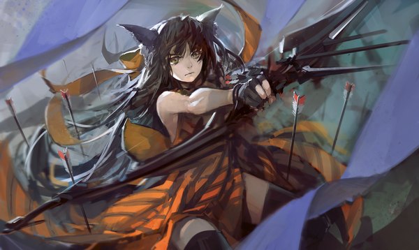 Anime picture 2000x1195 with original blueman single long hair highres black hair wide image bare shoulders animal ears yellow eyes girl thighhighs dress black thighhighs fingerless gloves bow (weapon) arrow (arrows)