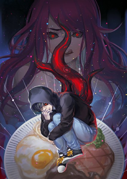 Anime picture 620x877 with tokyo ghoul studio pierrot kaneki ken kamishiro rize j.lili long hair tall image fringe red eyes bare shoulders purple hair eyebrows covering lacing licking black sclera covering face girl boy food