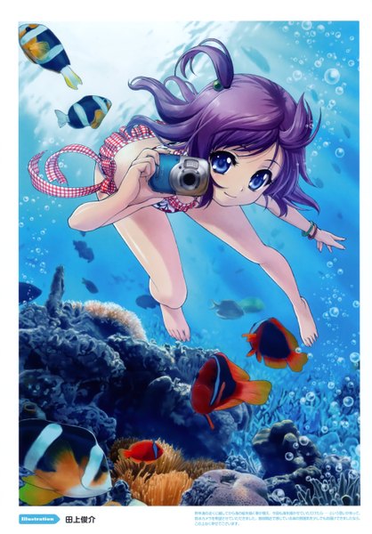Anime picture 2090x3000 with original taue shunsuke single tall image looking at viewer blush highres short hair blue eyes smile holding purple hair barefoot light smile inscription hieroglyph border underwater plaid girl