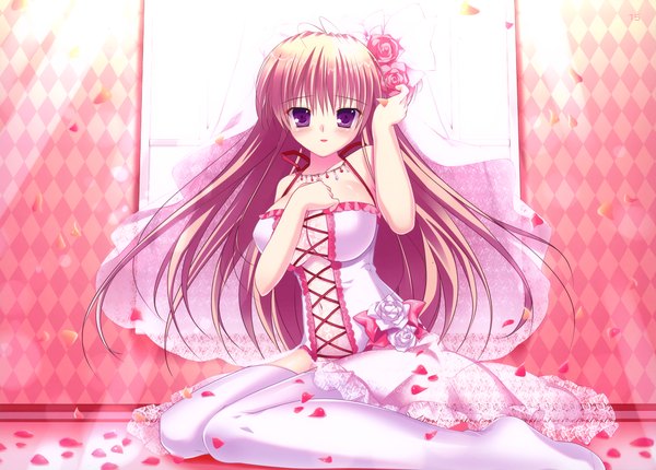 Anime picture 3997x2865 with original mikeou single long hair blush highres blonde hair purple eyes absurdres girl thighhighs dress flower (flowers) petals white thighhighs rose (roses) wedding dress