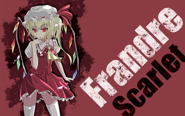 Anime picture 1920x1200 with touhou flandre scarlet supertie single highres short hair blonde hair red eyes wide image looking away wallpaper character names one side up red background girl thighhighs dress white thighhighs wings bonnet