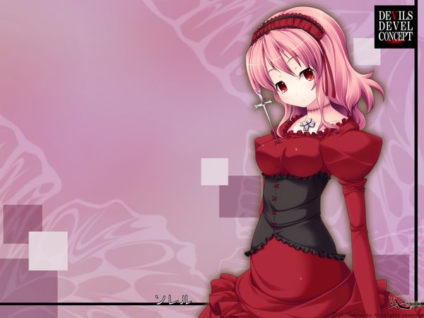Anime picture 1600x1200 with devils devel concept (game) single red eyes pink hair game cg girl dress