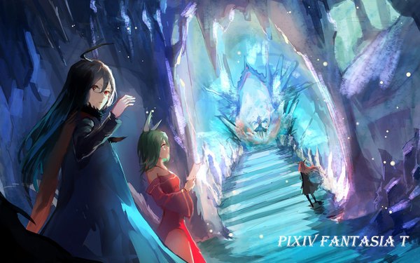 Anime picture 1700x1063 with original pixiv fantasia pixiv fantasia t sishenfan long hair fringe open mouth black hair red eyes standing multiple girls green eyes animal ears ahoge red hair indoors profile looking back green hair wind