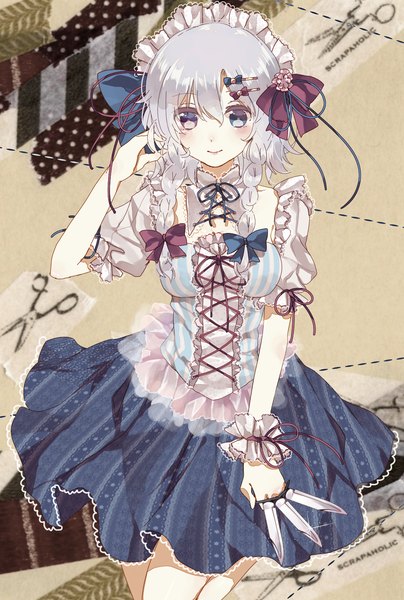Anime picture 1117x1658 with touhou izayoi sakuya gingetsu ringo single tall image looking at viewer blush short hair blue eyes smile twintails silver hair maid short twintails girl hair ornament ribbon (ribbons) weapon hair ribbon frills