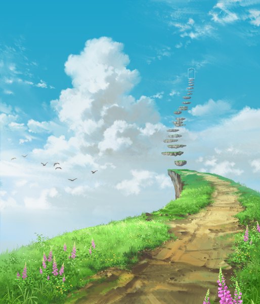 Anime picture 2456x2867 with original taka-chin tall image highres sky cloud (clouds) no people landscape flock flower (flowers) plant (plants) animal bird (birds) grass stairs road door