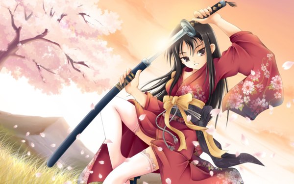 Anime picture 1440x900 with maxwindy single long hair black hair wide image brown eyes japanese clothes cherry blossoms evening sunset unsheathing girl bow plant (plants) petals sword tree (trees) belt kimono katana