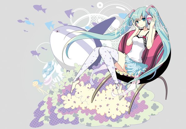 Anime picture 1441x1000 with vocaloid hatsune miku gin (oyoyo) twintails very long hair aqua eyes aqua hair girl thighhighs skirt miniskirt white thighhighs headphones fish (fishes) beads
