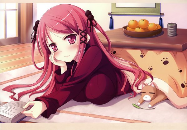 Anime picture 2998x2098 with witch's garden hinomiya ayari ko~cha single long hair blush highres smile pink hair lying pink eyes scan two side up head rest under the table girl hair ornament animal book (books) cat