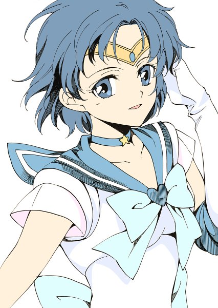 Anime picture 852x1200 with bishoujo senshi sailor moon toei animation mizuno ami sailor mercury agahari single tall image looking at viewer short hair open mouth blue eyes simple background white background blue hair girl gloves choker elbow gloves white gloves sailor suit