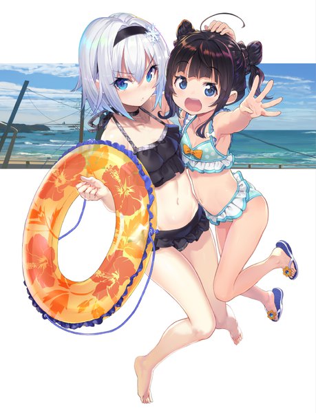 Anime picture 768x1003 with ryuuou no oshigoto! sora ginko hinatsuru ai shirabi tall image looking at viewer short hair open mouth blue eyes black hair multiple girls sky silver hair full body ahoge :d barefoot official art hair bun (hair buns) outstretched hand