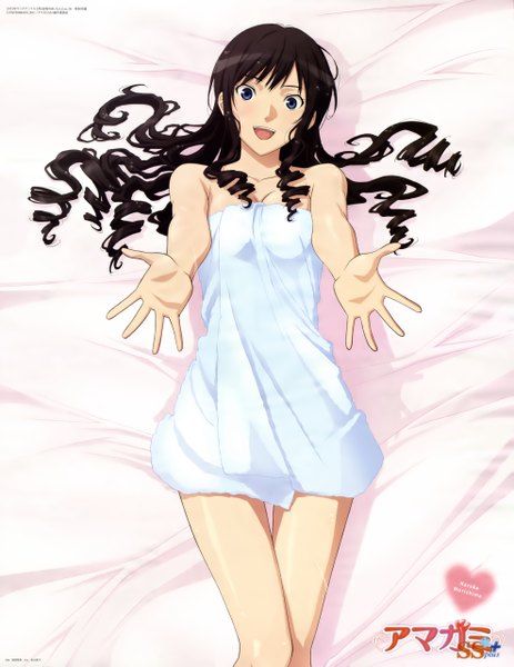 Anime picture 3950x5115 with amagami morishima haruka single long hair tall image blush highres open mouth blue eyes light erotic black hair absurdres lying drill hair naked towel girl towel