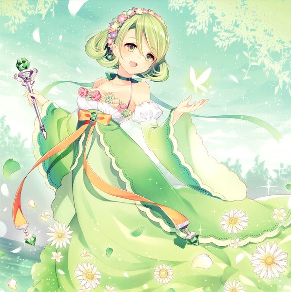 Anime picture 3278x3296 with original wasabi (sekai) single tall image blush highres short hair open mouth bare shoulders green eyes absurdres green hair girl dress flower (flowers) detached sleeves petals insect butterfly wreath