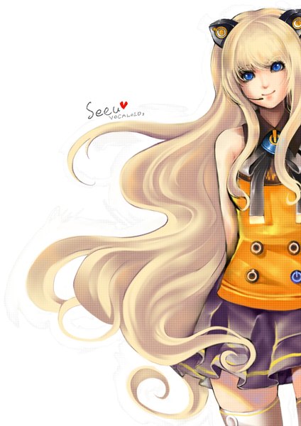 Anime picture 1100x1555 with vocaloid seeu yi denka single long hair tall image blue eyes blonde hair smile white background bare shoulders animal ears girl dress