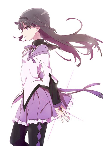 Anime picture 1240x1754 with mahou shoujo madoka magica shaft (studio) akemi homura tama (tama-s) single long hair tall image black hair simple background standing white background purple eyes looking away profile wind magical girl rhombus girl pantyhose black pantyhose