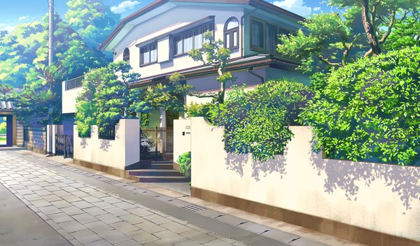 Anime picture 1360x800 with shoujo shin'iki wide image game cg no people plant (plants) tree (trees) wall house road