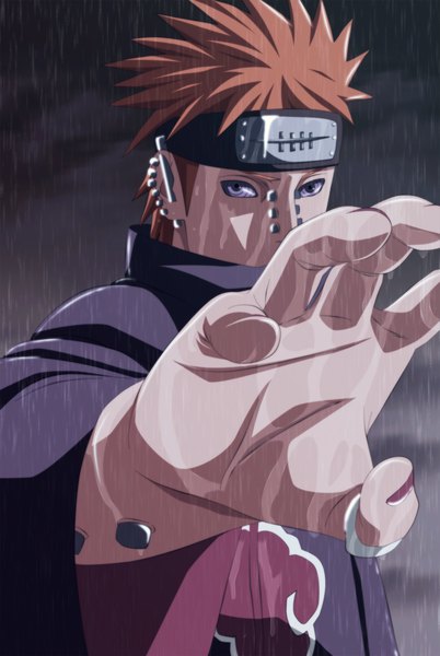 Anime picture 1800x2682 with naruto studio pierrot naruto (series) pain (naruto) deva path jbeenz single tall image highres short hair purple eyes nail polish orange hair piercing coloring rain akatsuki rinnegan boy cloak