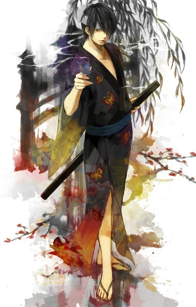 Anime picture 1024x1600 with gintama sunrise (studio) takasugi shinsuke tall image black hair traditional clothes japanese clothes smoking bandage over one eye boy plant (plants) sword tree (trees) kimono katana insect butterfly pipe kiseru