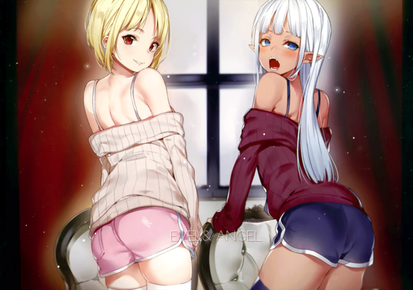Anime picture 3000x2106 with original yuran (cozyquilt) long hair looking at viewer blush fringe highres short hair open mouth blue eyes blonde hair smile red eyes standing bare shoulders multiple girls silver hair ass indoors parted lips