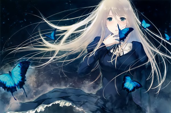 Anime picture 4000x2640 with kara no shoujo innocent grey stella maris sugina miki single long hair looking at viewer blush fringe highres blue eyes hair between eyes absurdres silver hair long sleeves parted lips wind scan mole official art