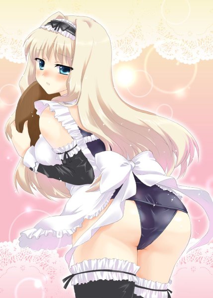 Anime picture 859x1200 with to heart 2 to heart leaf (studio) kusugawa sasara misaki juri single long hair tall image looking at viewer blush blue eyes light erotic blonde hair holding ass looking back maid leaning leaning forward girl