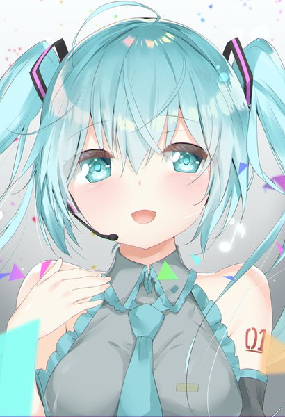 Anime picture 2240x3272 with vocaloid hatsune miku kamioka shun'ya single long hair tall image looking at viewer blush fringe highres open mouth hair between eyes twintails bare shoulders upper body ahoge aqua eyes aqua hair anniversary girl