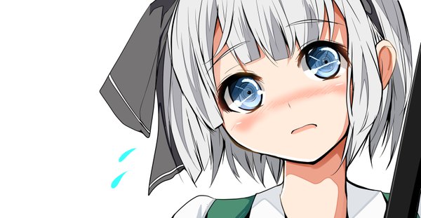 Anime picture 3482x1805 with touhou konpaku youmu velia (artist) single looking at viewer blush highres short hair open mouth blue eyes simple background wide image white background grey hair girl ribbon (ribbons) hair ribbon