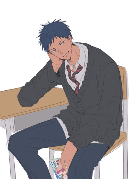 Anime picture 800x1050 with kuroko no basket production i.g aomine daiki kuehsy single tall image fringe short hair blue eyes simple background white background sitting blue hair looking away head tilt arm support dark skin boy uniform school uniform