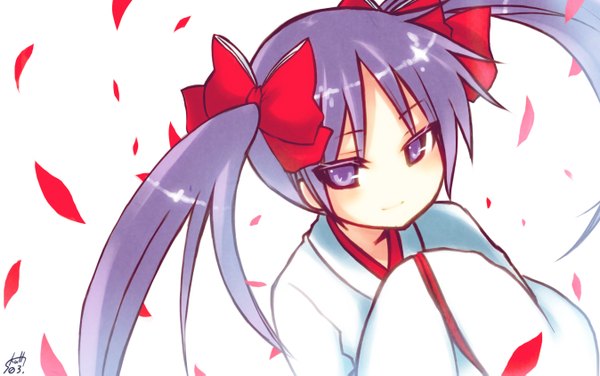 Anime picture 1348x845 with lucky star kyoto animation hiiragi kagami long hair smile wide image purple eyes twintails purple hair japanese clothes miko girl ribbon (ribbons)