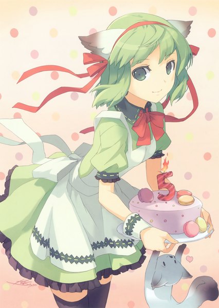 Anime picture 2694x3797 with h2so4 single tall image highres short hair green eyes animal ears green hair light smile cat ears girl thighhighs dress bow ribbon (ribbons) black thighhighs hair ribbon animal sweets apron