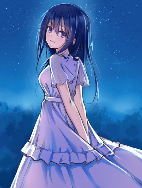 Anime picture 813x1073 with original qingchen single long hair tall image blush fringe breasts black hair smile hair between eyes purple eyes payot sky parted lips head tilt looking back blurry night hands behind back