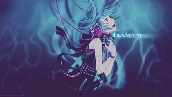 Anime picture 1600x900 with vocaloid hatsune miku macco (artist) single long hair open mouth red eyes wide image bare shoulders profile aqua hair girl bracelet headphones
