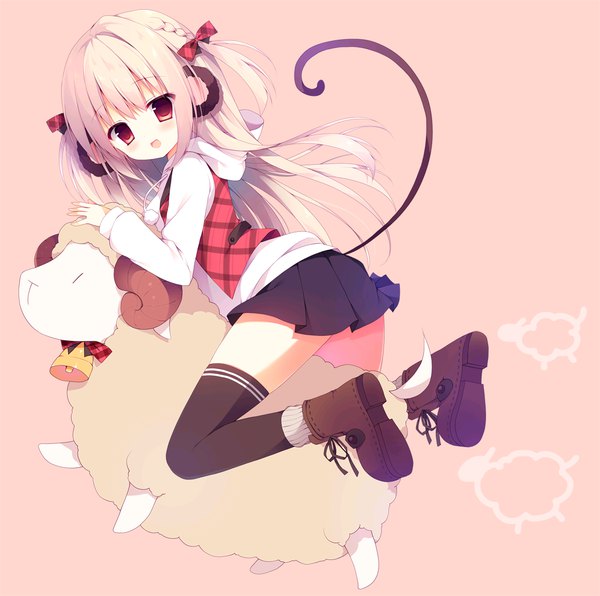 Anime picture 1100x1093 with original izumiyuhina single long hair looking at viewer blush open mouth simple background blonde hair smile red eyes animal ears tail braid (braids) animal tail pleated skirt twin braids pink background bell collar plaid